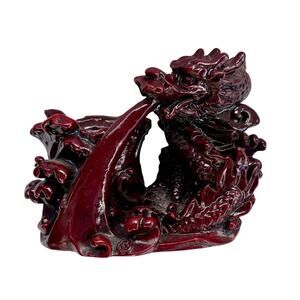 Vintage Chinese Red Resin Dragon Candle Pen Insense Burner Holder 7" x 4"